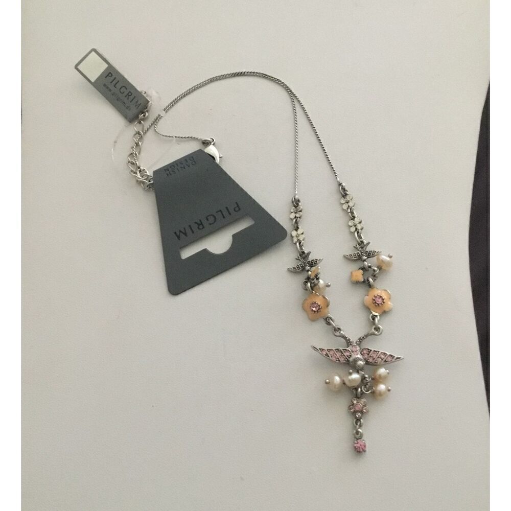 New~ Gorgeous Pilgrim Pink Crystal Floral~Wing & Pearl Necklace